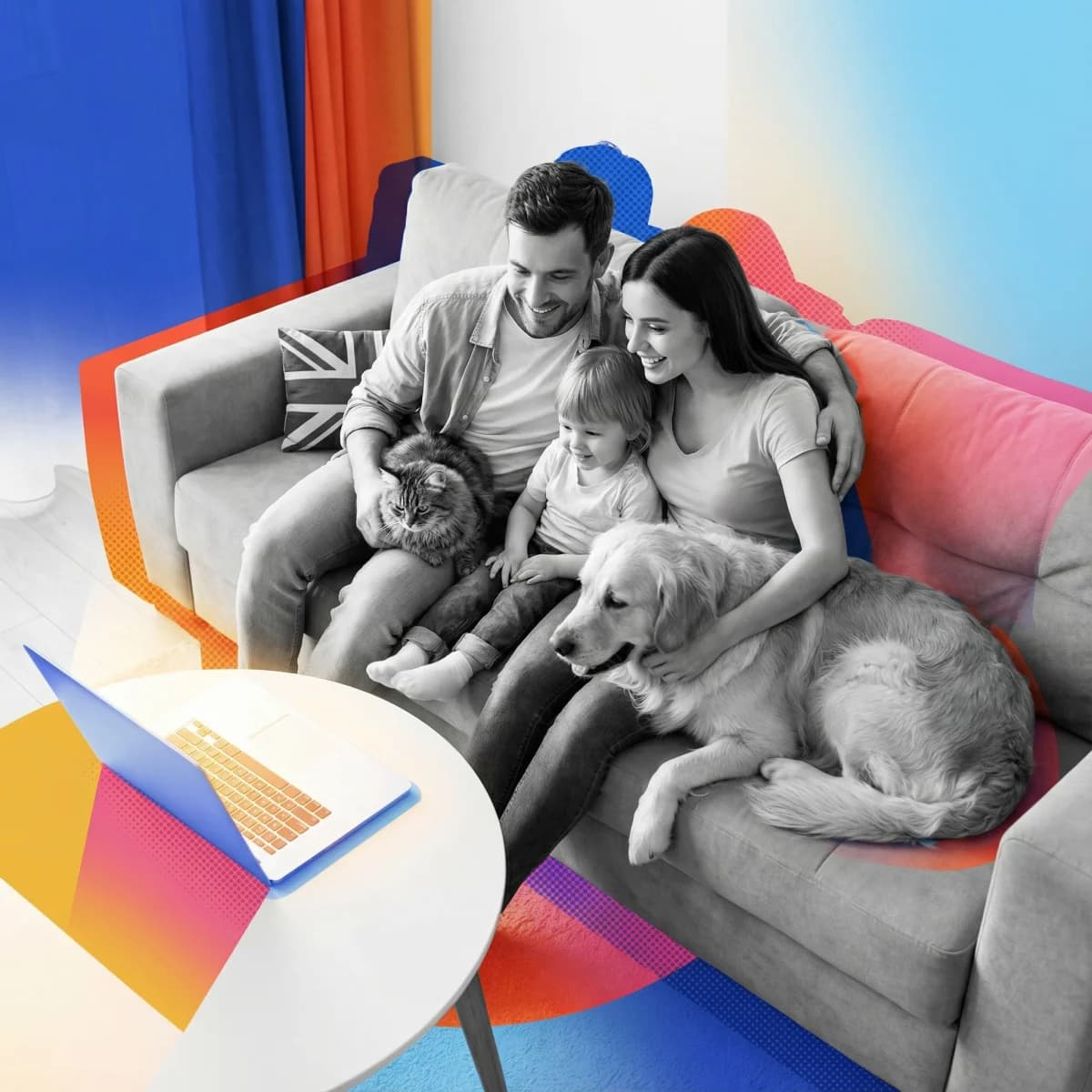 Happy family with pets planning their finances together on a laptop