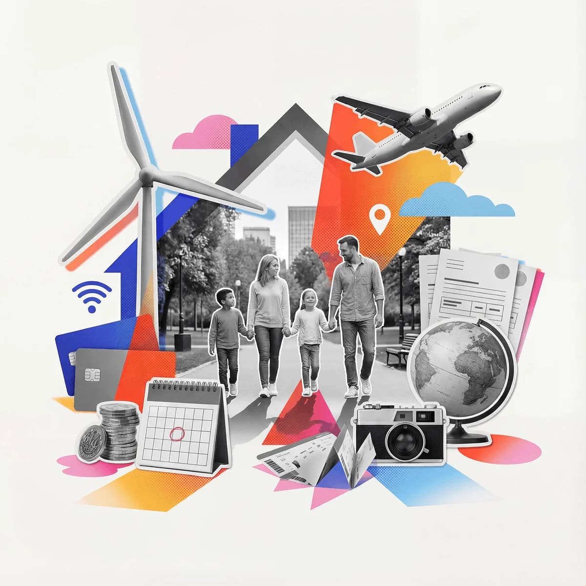 Family walking together with modern life icons representing savings, travel, energy, and financial services