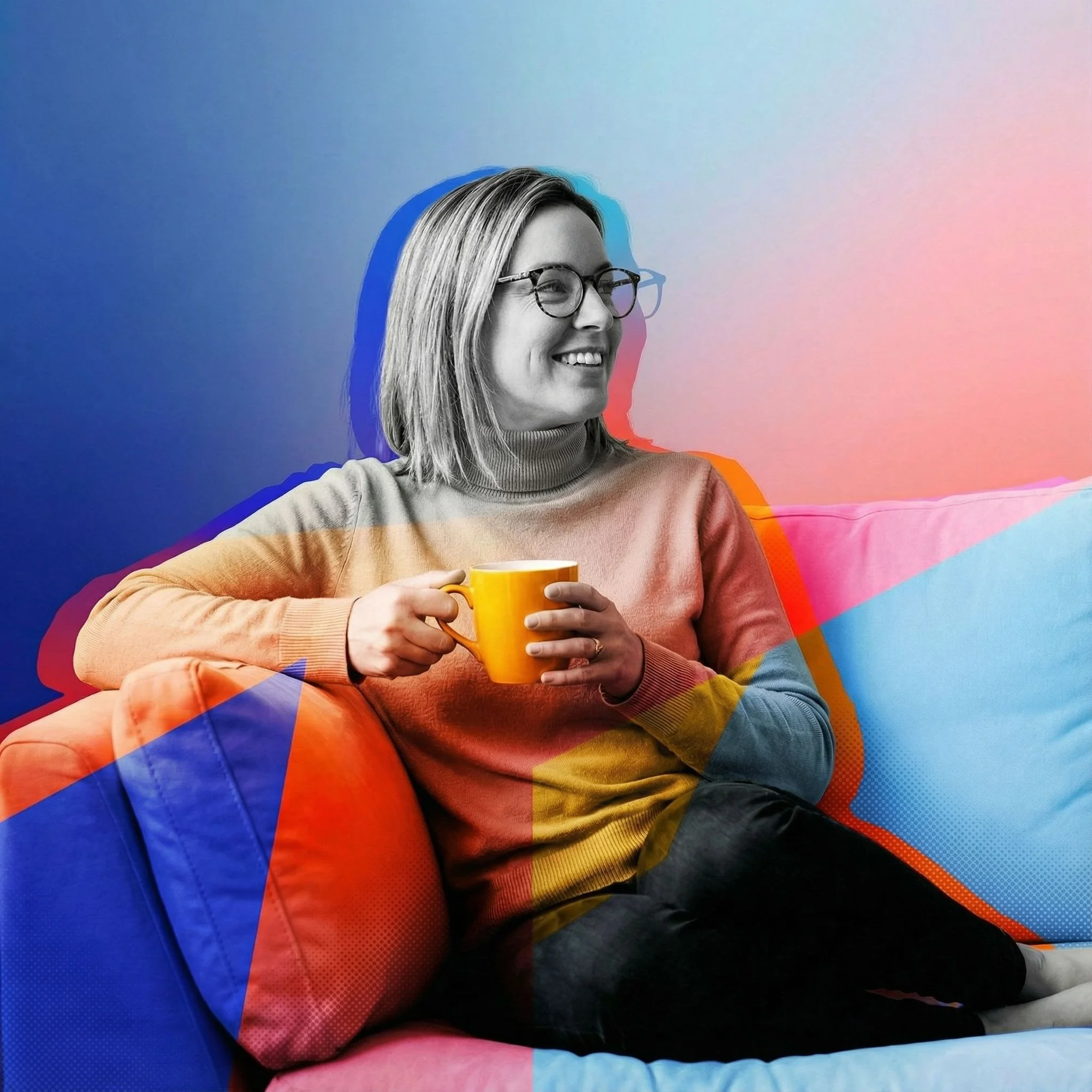 Happy customer relaxing on colorful sofa with coffee